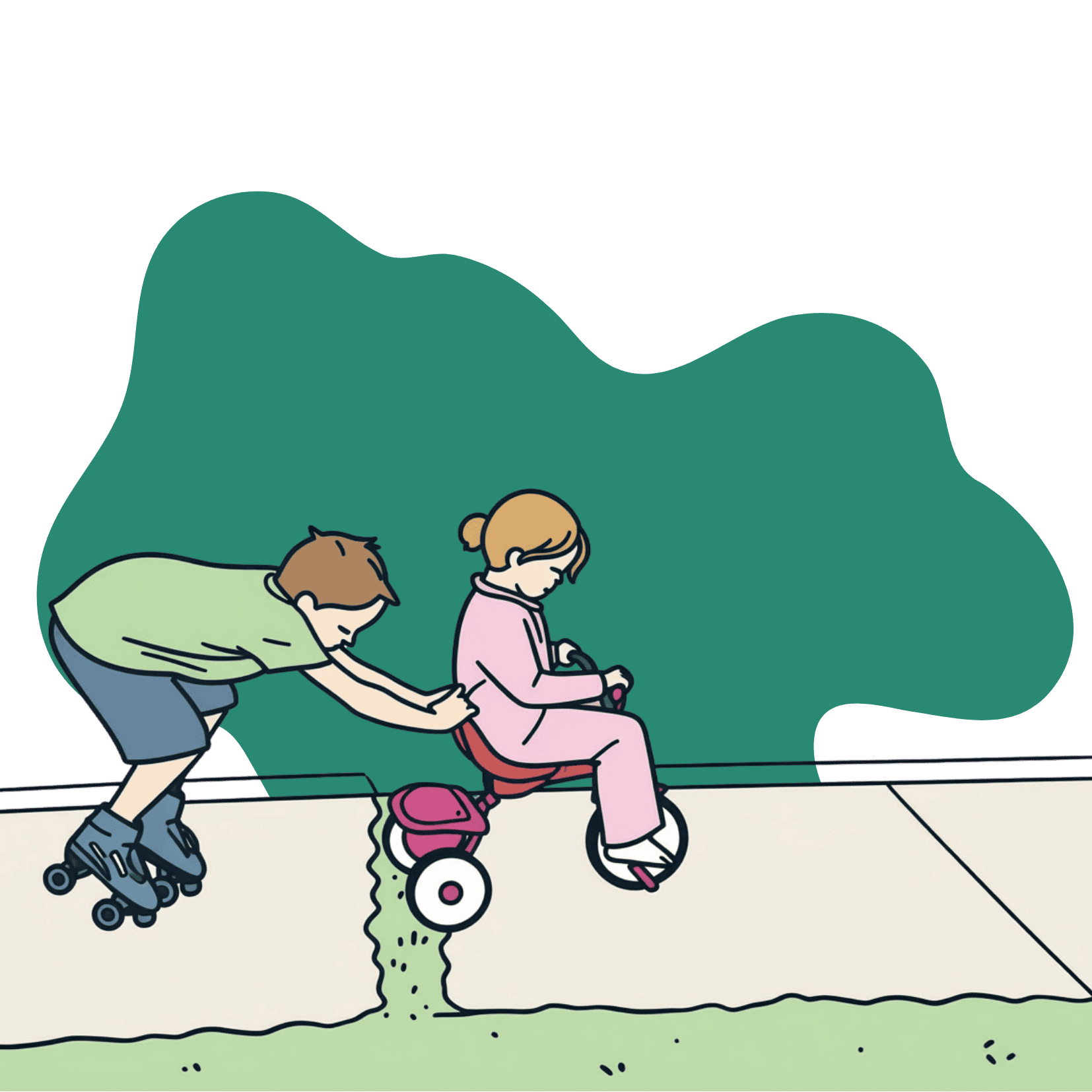Young children enjoying a sunny day riding bikes and scooters in Trzebnica Park, Poland.